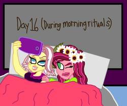 Size: 976x819 | Tagged: safe, artist:ktd1993, gloriosa daisy, vignette valencia, equestria girls, g4, 16, 30 day otp challenge, bed, clothes, female, gloriette, lesbian, nightgown, one eye open, selfie, shipping
