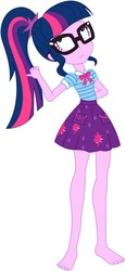 Size: 403x865 | Tagged: safe, artist:marcorulezzz, edit, editor:thomasfan45, vector edit, sci-twi, twilight sparkle, human, equestria girls, g4, my little pony equestria girls: better together, barefoot, clothes, cute, cutie mark on clothes, feet, female, geode of telekinesis, glasses, magical geodes, miniskirt, pointing behind, ponytail, simple background, skirt, solo, vector, white background