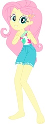 Size: 310x853 | Tagged: safe, artist:marcorulezzz, edit, editor:thomasfan45, vector edit, fluttershy, human, equestria girls, g4, i'm on a yacht, my little pony equestria girls: better together, barefoot, clothes, cute, feet, female, geode of fauna, legs, looking at you, magical geodes, sexy, shorts, shyabetes, simple background, smiling, solo, vector, white background