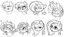 Size: 3840x2160 | Tagged: safe, artist:flufflepimp, earth pony, pony, unicorn, ahegao, bust, expressions, eyes closed, female, heart, high res, learning to draw, lineart, mare, monochrome, one eye closed, open mouth, simple background, sketch, sketch dump, tongue out, white background, wink