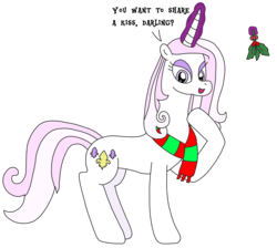 Size: 2671x2393 | Tagged: safe, artist:supahdonarudo, fleur-de-lis, pony, unicorn, g4, christmas, clothes, darling, dialogue, high res, holiday, holly, holly mistaken for mistletoe, levitation, magic, scarf, simple background, talking to viewer, telekinesis, text, transparent background