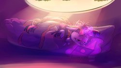 Size: 4000x2268 | Tagged: safe, alternate version, artist:imsokyo, twilight sparkle, pony, unicorn, g4, bed, bedroom, book, cute, female, glowing horn, golden oaks library, horn, in bed, lidded eyes, lying on bed, magic, mare, reading, solo, telekinesis, unicorn twilight