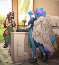 Size: 1192x1300 | Tagged: safe, artist:margony, princess celestia, oc, oc:flydry, alicorn, unicorn, anthro, plantigrade anthro, g4, apron, breasts, busty princess celestia, cash register, clothes, coffee shop, commission, cupcake, duo, duo female, eyes closed, female, food, jeans, large wings, pants, pie, ponytail, purse, shoes, skirt, smiling, wings