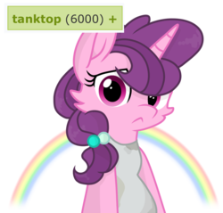 Size: 1098x1049 | Tagged: safe, artist:rainbow eevee, edit, sugar belle, pony, unicorn, derpibooru, g4, clothes, cute, female, looking at you, mare, meta, rainbow, simple background, solo, tags, tank top, transparent background