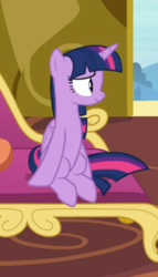 Size: 351x613 | Tagged: safe, screencap, twilight sparkle, alicorn, pony, dragon dropped, g4, cropped, fainting couch, female, mare, sitting, smiling, solo, twilight sparkle (alicorn)