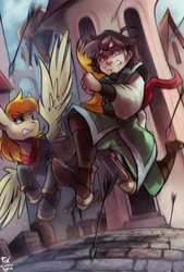 Size: 877x1300 | Tagged: safe, artist:foxinshadow, oc, oc only, oc:bracer, oc:mcfinnigan the mage, human, pegasus, arrow, canterlot, city, emw:mmmm, fanfic, fanfic art, fanfic cover, female, leather armor, mare, mid-flight, panic, panicking, running, running away