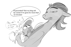 Size: 2020x1340 | Tagged: safe, artist:imsokyo, diamond tiara, filthy rich, earth pony, pony, unicorn, g4, 4chan, drawthread, duo, father and daughter, female, male, monochrome