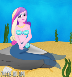 Size: 1980x2100 | Tagged: safe, artist:cyber-murph, dean cadance, princess cadance, mermaid, equestria girls, g4, belly, belly button, bikini, bra, breasts, cleavage, clothes, female, jewelry, looking at you, mermaidized, midriff, necklace, rock, seashell bra, seaweed, solo, species swap, underwater