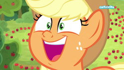 Size: 1920x1080 | Tagged: safe, screencap, applejack, pony, g4, going to seed, cartoonito logo, cute, jackabetes, smiling