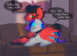 Size: 5000x3666 | Tagged: safe, artist:thecoldsbarn, oc, oc:crimsons, oc:spiral light, pegasus, pony, unicorn, blushing, collar, commission, couch, couple, cuddling, cute, dialogue, eyes closed, gay, hug, leash, living room, male, oc x oc, pet play, pet tag, prone, shipping, text, winghug