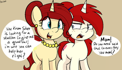 Size: 966x557 | Tagged: safe, artist:an-tonio, oc, oc only, oc:golden brooch, oc:silver draw, pony, unicorn, annoyed, blushing, dialogue, ear piercing, earring, engrish, female, freckles, grammar error, hair bun, jewelry, mother and daughter, mothers gonna mother, necklace, piercing, pixel art, ponytail, simple background, speech, speech bubble, subtle as a train wreck, that pony sure does want grandfoals