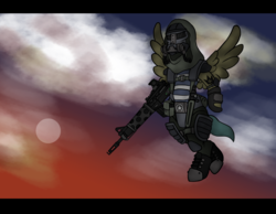 Size: 4000x3100 | Tagged: safe, artist:devorierdeos, oc, oc only, pegasus, pony, fallout equestria, assault rifle, clothes, fanfic, fanfic art, flying, gun, hooves, male, rifle, sky background, solo, spread wings, stallion, weapon, wings