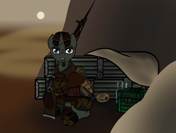 Size: 4000x3000 | Tagged: safe, artist:devorierdeos, pony, unicorn, fallout equestria, canteen, clothes, crate, fanfic, fanfic art, grenade, gun, hooves, horn, looking at you, male, rifle, sitting, sniper rifle, solo, stallion, sun, weapon