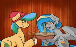 Size: 1134x705 | Tagged: safe, artist:cadetredshirt, oc, oc:sunny showers, earth pony, pegasus, pony, cider, colored pupils, convention:vanhoover pony expo, drink, drinking, food, hooves, pie, simple background, sitting, smiling, unshorn fetlocks, vanhoover, wings