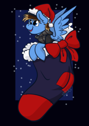 Size: 755x1059 | Tagged: safe, artist:cadetredshirt, oc, oc only, oc:p1k, pegasus, pony, bow, cel shading, christmas, christmas stocking, clothes, hat, holiday, looking at someone, male, santa hat, scarf, simple background, smiling, snow, solo, stallion, tiny, ych result