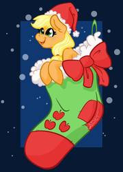 Size: 758x1054 | Tagged: safe, alternate version, artist:cadetredshirt, applejack, earth pony, pony, g4, bow, cel shading, christmas, christmas stocking, clothes, female, hat, holiday, looking at someone, mare, santa hat, simple background, smiling, snow, solo, tiny, tiny ponies, ych result