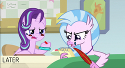 Size: 697x380 | Tagged: safe, artist:gooeybird, edit, edited screencap, screencap, silverstream, starlight glimmer, pony, unicorn, g4, student counsel, 1000 hours in ms paint, angry, blushing, candy, crying, feather, food, notepad, office, parody, sad, scene parody, story included