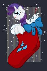Size: 729x1096 | Tagged: safe, artist:cadetredshirt, rarity, pony, unicorn, g4, bedroom eyes, bow, cel shading, christmas, christmas stocking, female, holiday, horn, looking at someone, simple background, smiling, snow, solo, tiny, tiny ponies, ych result