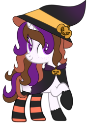 Size: 1376x1948 | Tagged: safe, artist:pegasski, artist:rukemon, oc, oc only, oc:mystic brew, pony, unicorn, g4, base used, cape, clothes, commission, female, freckles, gloves, hat, mare, multicolored hair, pumpkin, raised hoof, simple background, socks, solo, striped socks, transparent background, witch, witch hat