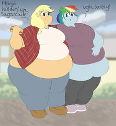 Size: 2310x2500 | Tagged: safe, artist:lupin quill, applejack, rainbow dash, equestria girls, g4, amplejack, applefat, bare midriff, bbw, belly, belly button, belly grab, big belly, big breasts, breasts, busty applejack, busty rainbow dash, chubby cheeks, clothes, dialogue, fat, fat fetish, female, fetish, food, high res, hot dog, jeans, lesbian, meat, morbidly obese, obese, open mouth, pants, plaid, rainblob dash, rolls of fat, sausage, ship:appledash, shipping, shirt, shoes, ssbbw, stuffed, thighs, thunder thighs, wardrobe malfunction, wide hips