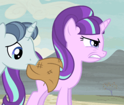 Size: 588x496 | Tagged: safe, screencap, party favor, starlight glimmer, pony, unicorn, g4, season 5, the cutie map, animated, cleaning, cropped, duo, embarrassed, female, gif, looking back, male, mare, mouth hold, rag, s5 starlight, stallion, swiping