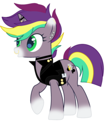 Size: 1690x1954 | Tagged: safe, artist:rukemon, artist:tocyabases, oc, oc only, oc:punk note, pony, unicorn, base used, choker, clothes, commission, ear piercing, earring, female, horn, horn ring, jacket, jewelry, leather jacket, mare, markings, multicolored hair, nose piercing, nose ring, piercing, raised hoof, simple background, solo, transparent background