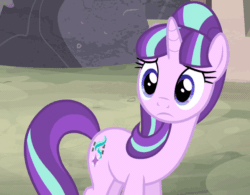 Size: 652x509 | Tagged: safe, screencap, starlight glimmer, pony, unicorn, g4, season 5, the cutie map, animated, awkward, covering flank, cropped, cute, embarrassed, fake cutie mark, female, gif, glimmerbetes, gritted teeth, hypocrisy, looking back, looking down, makeup, mare, oh crap, panic, raised hoof, raised tail, realization, s5 starlight, scared, shocked expression, solo, tail, the truth