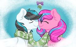 Size: 1280x790 | Tagged: safe, artist:cadetredshirt, oc, oc:pinkaboo, oc:turquoise splash, earth pony, pegasus, pony, boop, bow, cel shading, clothes, couple, eyes closed, female, glasses, male, mistletoe, nuzzling, scarf, shared clothing, shared scarf, sharing, shipping, simple background, smiling, snow, straight, two toned mane, wings, wings down, ych result