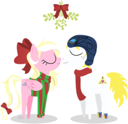 Size: 880x855 | Tagged: safe, oc, oc:bay breeze, oc:triforce treasure, earth pony, pegasus, pony, boop, bow, clothes, cute, eyes closed, mistletoe, noseboop, pointy ponies, scarf, sweater, the legend of zelda, transformers, winter hat