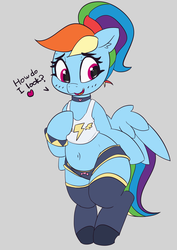 Size: 2903x4104 | Tagged: safe, artist:pabbley, rainbow dash, pegasus, pony, adorasexy, alternate hairstyle, belly, belly button, bracelet, bronybait, chubby, clothes, collar, cute, dashabetes, dialogue, female, jewelry, mare, ponytail, rainbow dash always dresses in style, sexy, shorts, socks, solo, standing, stupid sexy rainbow dash, tanktop