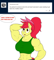 Size: 1809x2019 | Tagged: safe, artist:matchstickman, apple bloom, earth pony, anthro, matchstickman's apple brawn series, tumblr:where the apple blossoms, g4, abs, apple bloom's bow, apple brawn, arm behind head, armpits, biceps, bow, breasts, busty apple bloom, clothes, comic, deltoids, dialogue, female, hair bow, mare, midriff, muscles, older, older apple bloom, pecs, simple background, solo, speech bubble, sports bra, talking to viewer, tumblr comic, white background