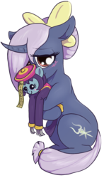 Size: 652x1108 | Tagged: safe, artist:t72b, oc, oc:ghost orchid, jiangshi, pony, unicorn, 2020 community collab, derpibooru community collaboration, blushing, bow, curved horn, darkstalkers, female, filly, hair bow, hoof hold, horn, hsien-ko, hug, lei-lei, mare, orchid, plushie, ponified, shy, simple background, sitting, solo, transparent background