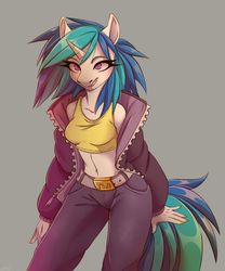 Size: 1865x2244 | Tagged: safe, artist:1an1, dj pon-3, vinyl scratch, unicorn, anthro, g4, belt buckle, blushing, clothes, female, gray background, jacket, jeans, looking at you, mare, midriff, nail polish, pants, simple background, smiling, solo, sports bra, tank top