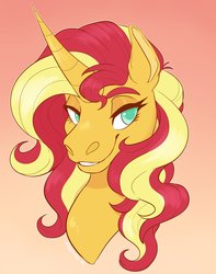 Size: 1440x1830 | Tagged: safe, artist:bekuno, sunset shimmer, pony, unicorn, g4, bust, curved horn, female, gradient background, hoers, horn, lidded eyes, mare, portrait, signature, smiling, solo