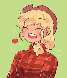 Size: 773x900 | Tagged: safe, artist:perperu, applejack, human, g4, apple, bust, cute, eyes closed, female, flannel, green background, heart, humanized, jackabetes, obligatory apple, open mouth, simple background, solo