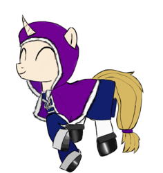 Size: 1100x1165 | Tagged: safe, artist:uncreative, oc, oc:regal inkwell, pony, unicorn, boots, cloak, clothes, coat, curved horn, hood, horn, prancing, shoes