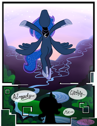 Size: 3500x4500 | Tagged: dead source, safe, artist:becauseimpink, princess luna, rarity, alicorn, pony, unicorn, comic:transition, g4, armor, comic, elusive, ethereal mane, flying, front view, hoof shoes, male, peytral, prince artemis, rule 63, stallion, starry mane, transgender