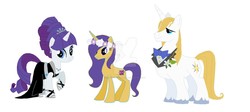 Size: 1280x572 | Tagged: safe, artist:springthornwillow, prince blueblood, rarity, oc, oc:flower bouquet, pony, unicorn, g4, alternate hairstyle, base used, clothes, deviantart watermark, dress, ear piercing, earring, family, female, filly, floral head wreath, flower, jewelry, male, necklace, obtrusive watermark, offspring, parent:prince blueblood, parent:rarity, parents:rariblood, piercing, sandals, ship:rariblood, shipping, simple background, straight, tiara, watermark, white background