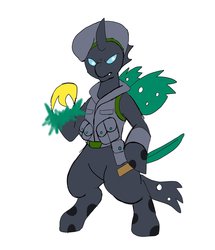 Size: 1762x2048 | Tagged: safe, artist:omegapony16, oc, oc only, changeling, bipedal, changeling oc, clothes, frown, hoof hold, hoof shoes, implied princess celestia, knife, shapeshifting, simple background, solo, transformation, turban, vest, white background