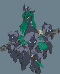 Size: 1657x2048 | Tagged: safe, artist:omegapony16, oc, oc only, changeling, changeling queen, armor, changeling oc, changeling queen oc, clothes, gray background, green changeling, gun, hat, hoof hold, rocket launcher, simple background, smiling, smirk, soldier, turban, vest, weapon