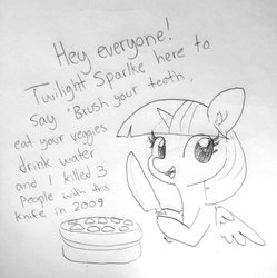 Size: 1440x1444 | Tagged: safe, artist:tjpones, twilight sparkle, alicorn, pony, g4, cake, female, food, hoof hold, implied murder, knife, monochrome, mood whiplash, murder, pencil drawing, solo, talking to viewer, traditional art, twilight sparkle (alicorn)
