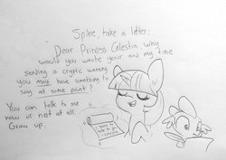 Size: 1825x1291 | Tagged: safe, artist:tjpones, spike, twilight sparkle, g4, dear princess celestia, duo, eyes closed, pencil drawing, quill, scroll, traditional art, writing