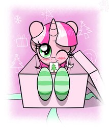 Size: 1756x2048 | Tagged: safe, artist:php142, oc, oc only, oc:cherry days, pony, unicorn, blushing, box, christmas, christmas tree, clothes, female, holiday, horn, mare, mouth hold, one eye closed, pony in a box, socks, striped socks, tree, unicorn oc, wink