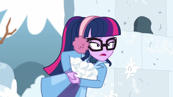 Size: 1920x1080 | Tagged: safe, screencap, sci-twi, twilight sparkle, equestria girls, equestria girls series, g4, holidays unwrapped, spoiler:eqg series (season 2), clothes, earmuffs, female, glasses, outdoors, ponytail, snow, snow fort, snowball, snowball fight, solo, winter coat, winter outfit