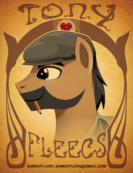 Size: 2550x3300 | Tagged: safe, artist:samoht-lion, oc, oc:tony fleecs, earth pony, pony, beard, bust, clothes, facial hair, flat cap, hat, high res, male, mouth hold, pencil, ponified, smiling, stallion, text, tony fleecs