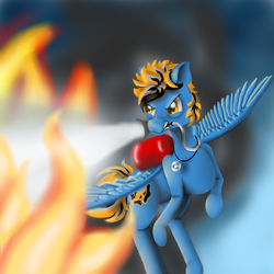 Size: 800x800 | Tagged: safe, artist:auroraswirls, oc, oc only, oc:blues, pegasus, pony, fire, fire extinguisher, flying, male, mouth hold, pegasus oc, solo, stallion, wings