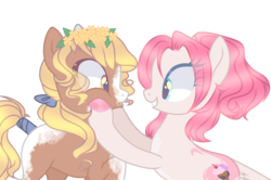 Size: 2000x1324 | Tagged: safe, artist:tocyabases, artist:x-dainichi-x, oc, oc only, oc:jiselle berry, oc:sunny, earth pony, pony, base used, female, floral head wreath, flower, leonine tail, mare, simple background, squishy cheeks, tail wrap, transparent background