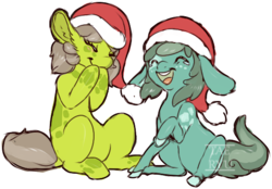 Size: 545x380 | Tagged: safe, artist:tae-ryu, oc, oc only, oc:hoshi, oc:kappa, earth pony, pony, christmas, colored hooves, duo, earth pony oc, eyes closed, freckles, hat, holiday, laughing, open mouth, santa hat, smiling