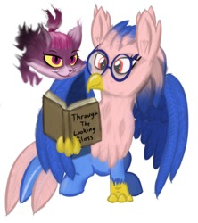 Size: 1856x2094 | Tagged: safe, artist:venaf, oc, oc:vivian iolani, cat, classical hippogriff, hippogriff, 2020 community collab, derpibooru community collaboration, atg 2018, book, cheshire cat, glasses, newbie artist training grounds, reading, red eyes, simple background, sitting, transparent background