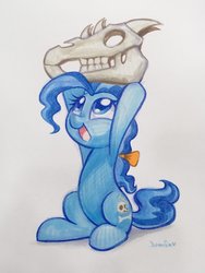 Size: 1536x2048 | Tagged: safe, artist:dawnfire, petunia paleo, earth pony, pony, g4, bow, copic, cute, female, filly, hair bow, happy, hoof hold, open mouth, scene interpretation, signature, sitting, skull, smiling, solo, traditional art